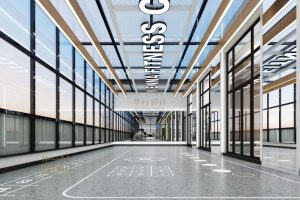 健身房開放式活動(dòng)室地板設(shè)計(jì)木質(zhì)天花鏤空墻體棕色玻璃隔斷