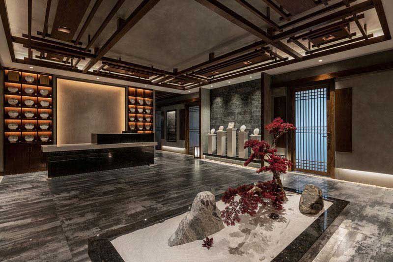 餐廳大廳待客區(qū)前臺形象版收納墻柜裝修中式風灰黑色地面的中式設計效果