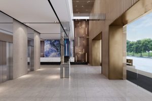 大鵬新區(qū)鑫園廣場現(xiàn)代風格辦公室裝修大堂效果圖