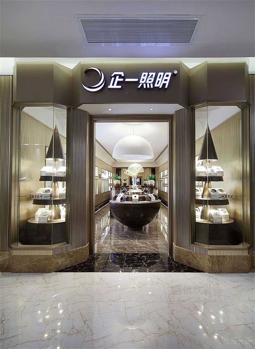 照明店鋪裝修櫥窗設(shè)計(jì)幾何線條大理石過道玻璃墻體隔斷效果圖