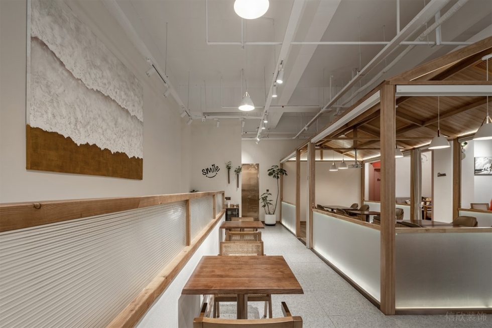 深圳市寶安區(qū)石巖原木風(fēng)甜品店裝修設(shè)計白色工業(yè)感頂面