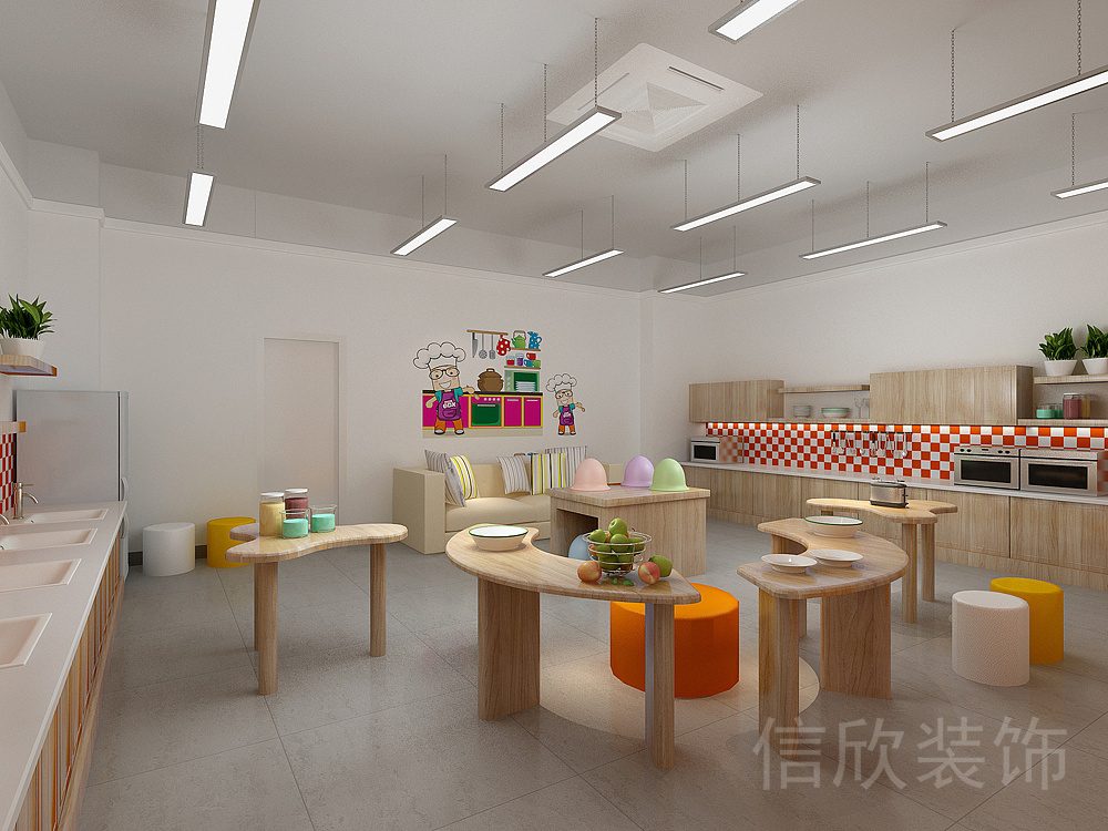 橙紅楓木簡約風(fēng)兒童卡通烘焙DIY培訓(xùn)機構(gòu)教室廚房區(qū)裝修設(shè)計